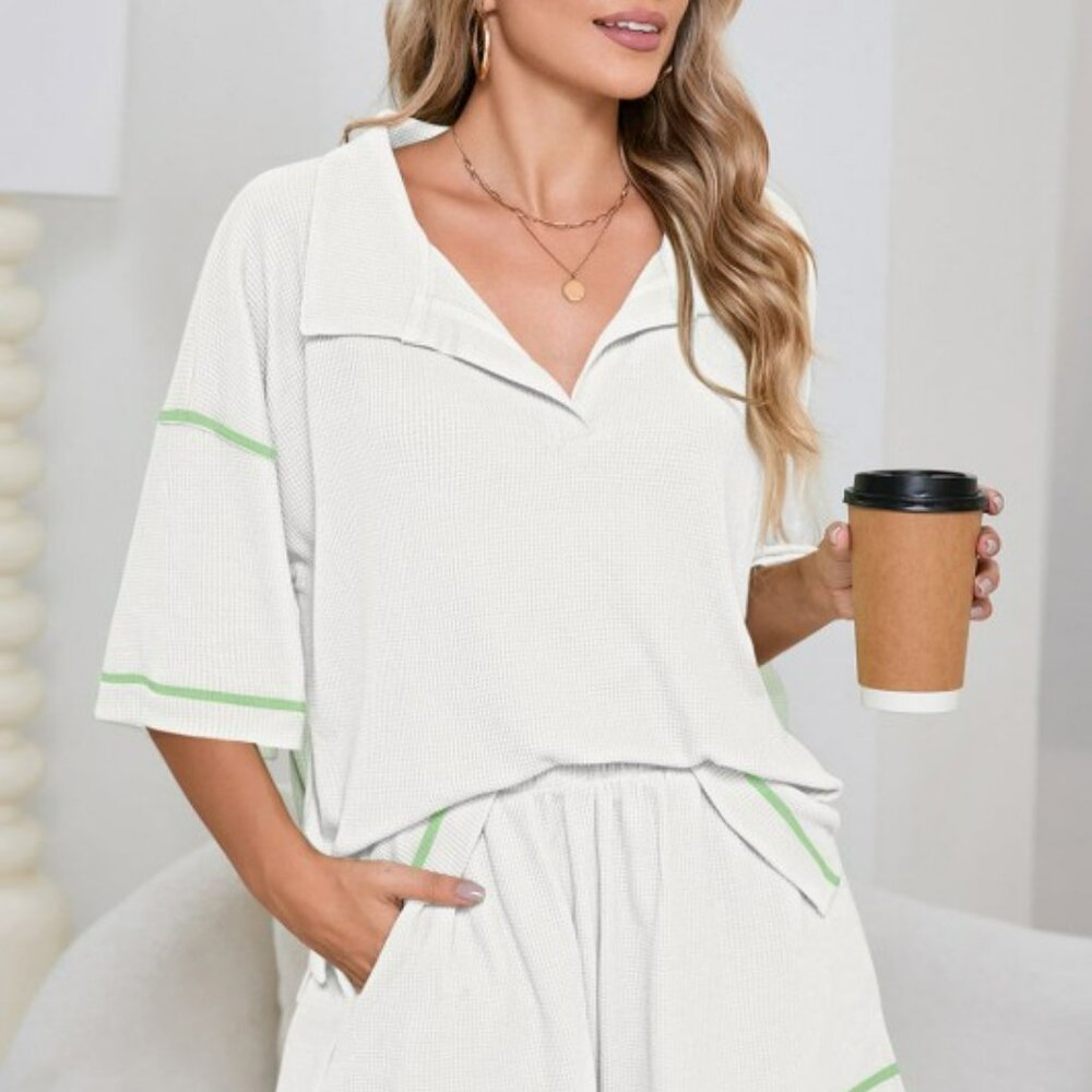 Colorblock Trim Waffle Knit Top and Shorts Set